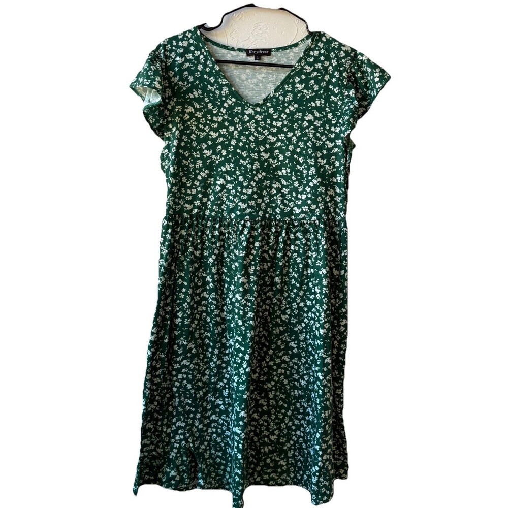 BERYDRESS S Green Floral Print Stretchy Midi Dress! Small L
